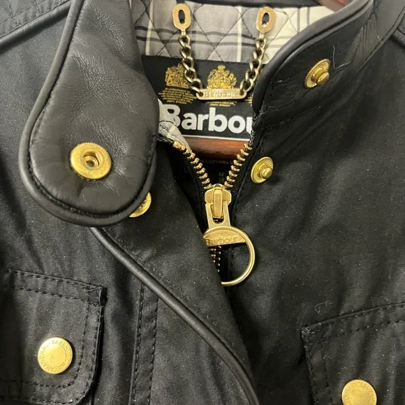 Authentic Barbour Belted Waxed Jacket - Black - Leather Trim Sz US 8 UK 12 - Picture 5 of 14